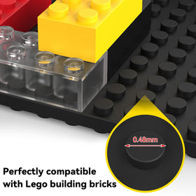BlissBox 11-3x6-3-inch brick display baseplate on wall for upright or inverted builds.