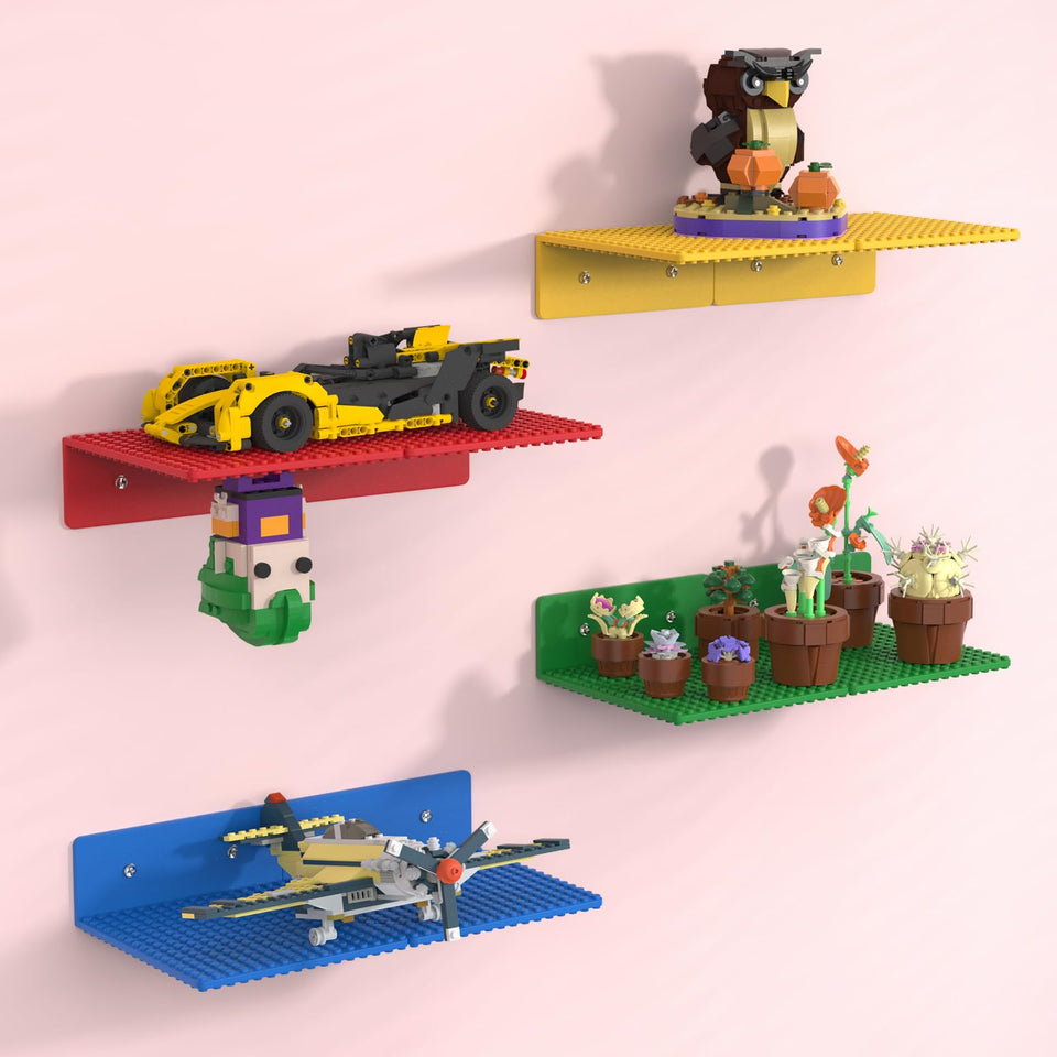 BlissBox floating shelves with brick baseplate secure LEGO displays on wall