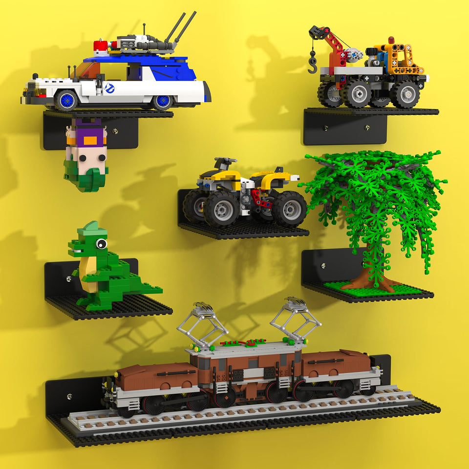BlissBox 9-pack floating shelves baseplate highlights secure brick attachment for display.
