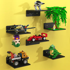 BlissBox floating shelves display area with brick-front view, showcasing organized LEGO builds.