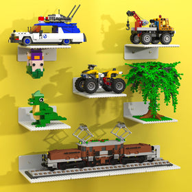 BlissBox floating shelves mounted on wall with dual baseplates for secure brick builds.