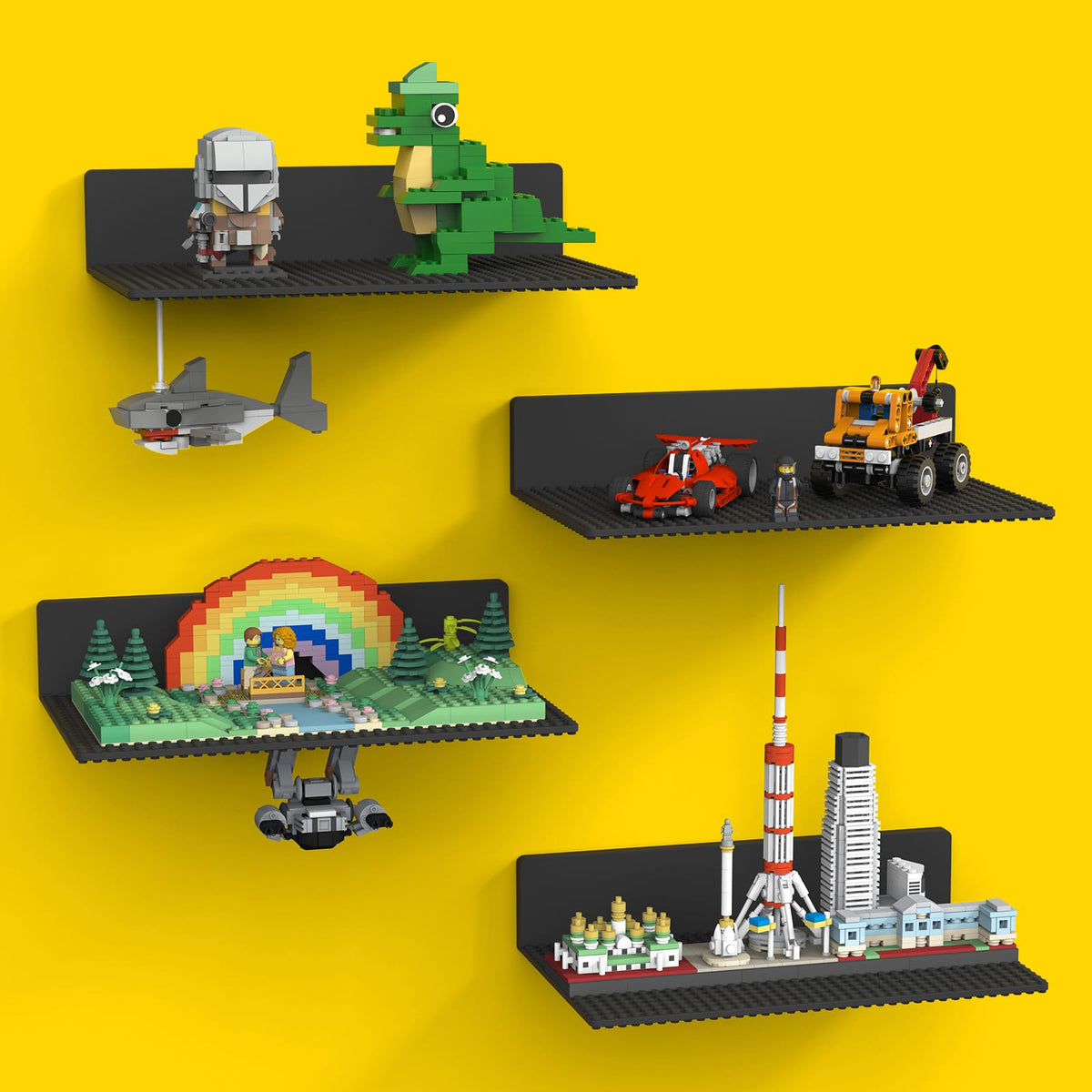 BlissBox wall-mounted display with a dual-sided baseplate for flexible brick showcasing.
