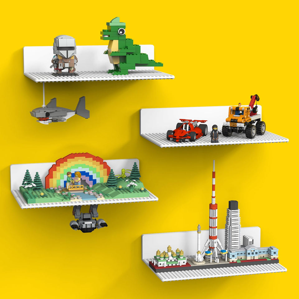 BlissBox wall mounted brick display shelf with dual sided baseplate for secure builds.