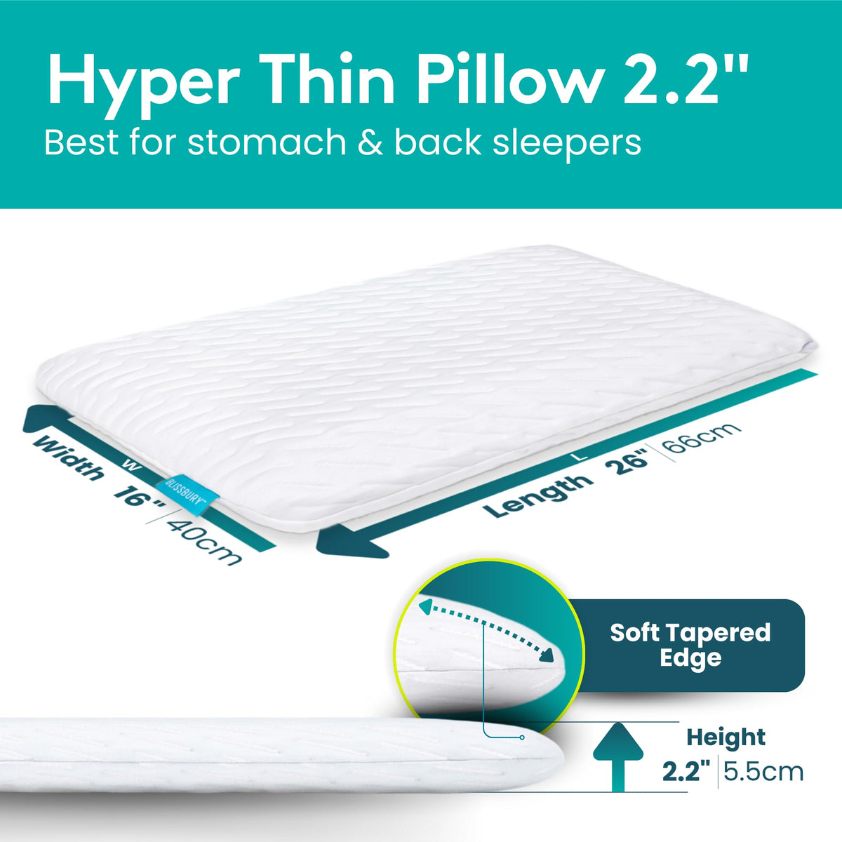 BLISSBURY ultra-flat pillow on bed demonstrates neck-friendly low loft.