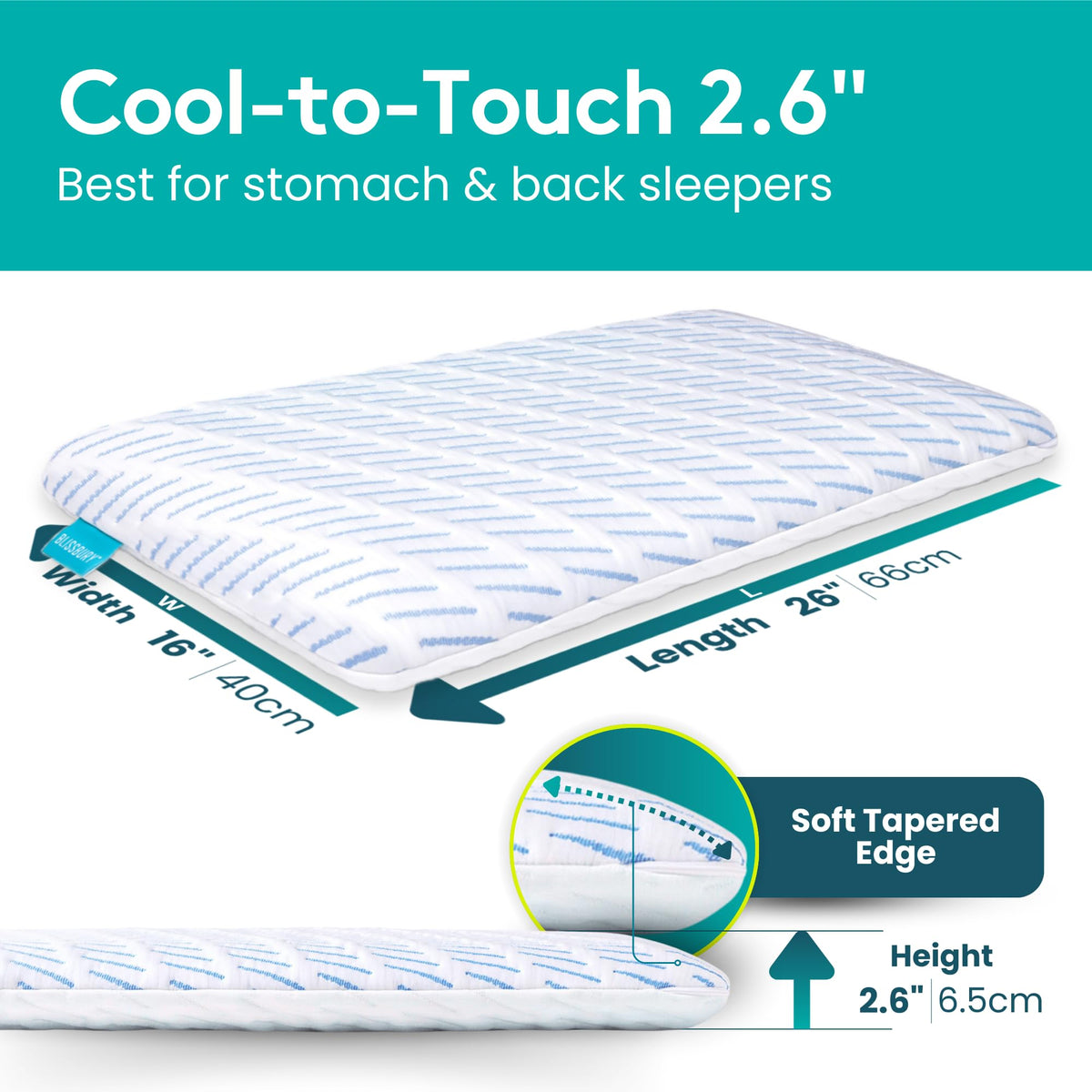 BLISSBURY ultra-thin pillow flat profile supports stomach and back sleeping.