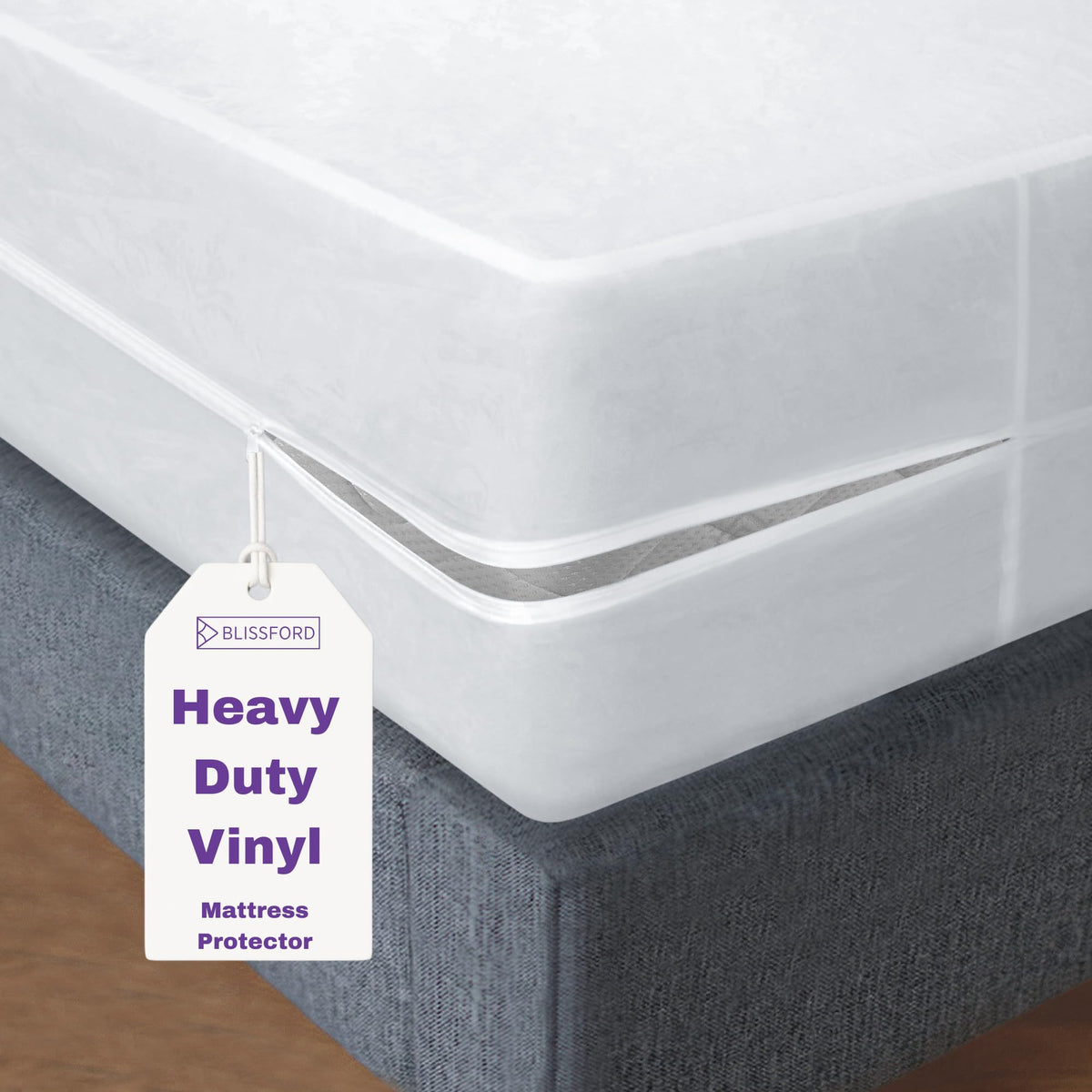 BLISSFORD zippered vinyl mattress protector king, front view, protects against spills and stains while sleeping