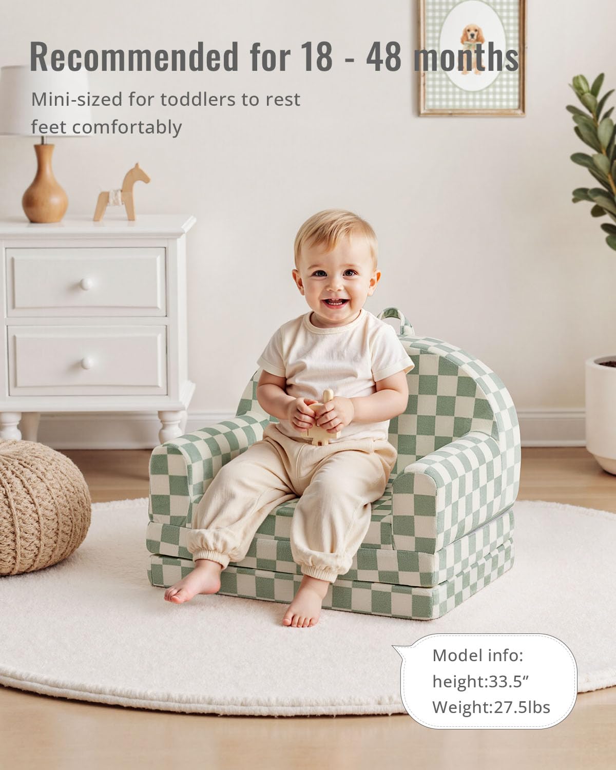 Blissful Diary foldable toddler couch sage checkered chair offers a comfy seat for story time.