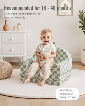 Blissful Diary foldable toddler couch sage checkered chair offers a comfy seat for story time.