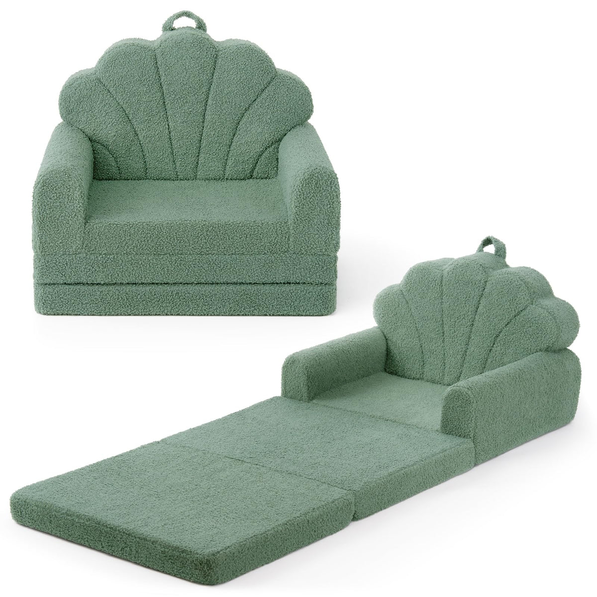 Blissful Diary green shell fold-out kids couch offers cozy seating for playtime.