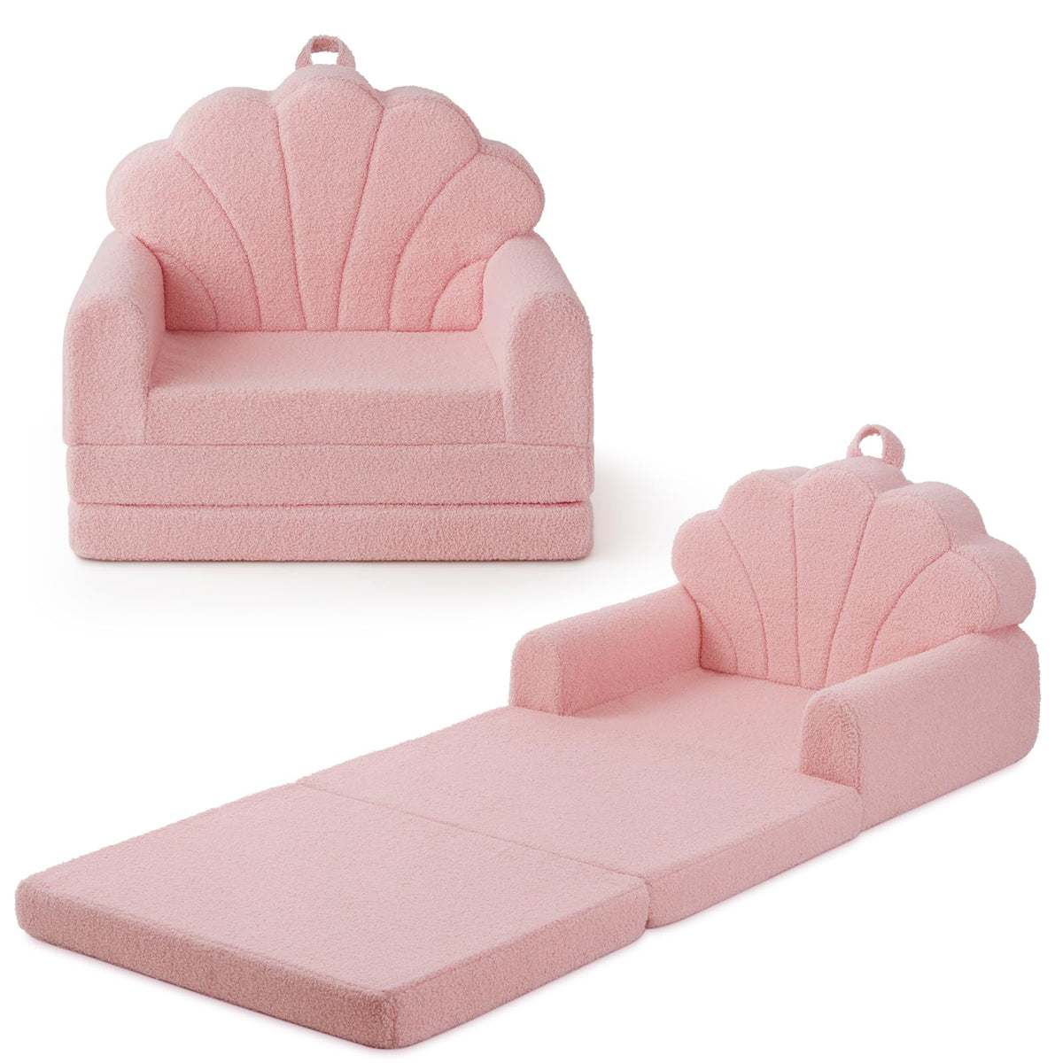 Blissful Diary pink shell kids couch offers cozy seating for toddlers.