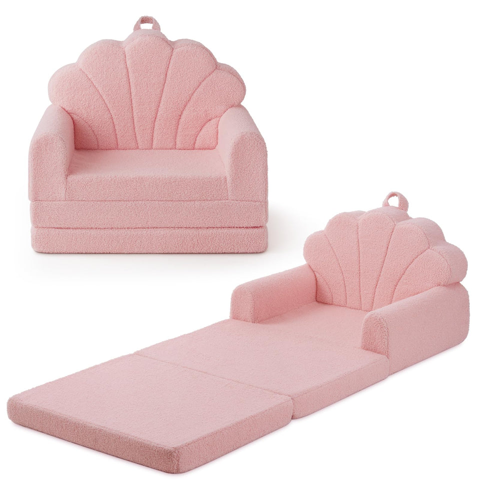 Blissful Diary pink shell kids couch offers cozy seating for toddlers.