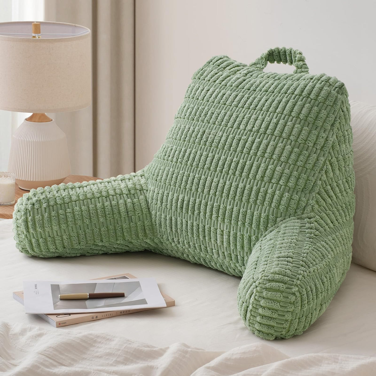 Blissful Diary reading pillow backrest in sage green offers ergonomic support for upright comfort