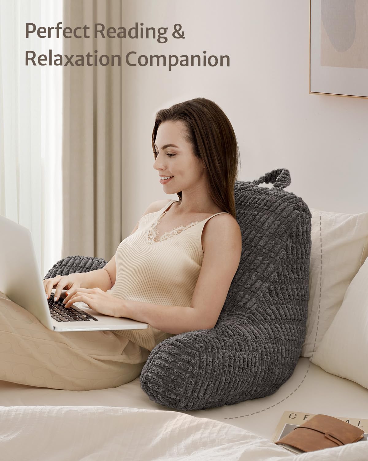 Blissful Diary Reading Pillow on bed enhances comfortable sitting for nights of reading.