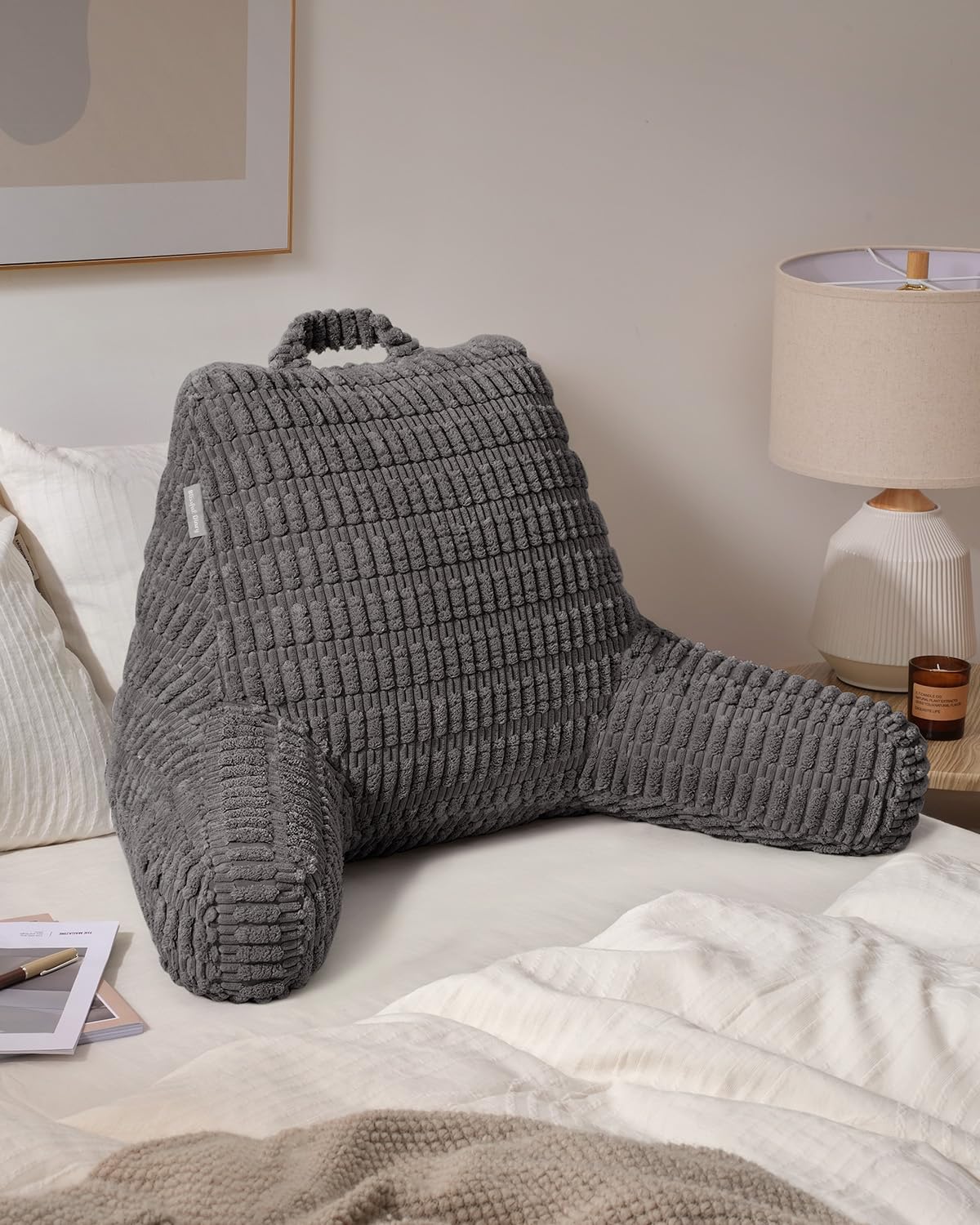 Blissful Diary Reading Pillow on sofa supports posture during films and games.