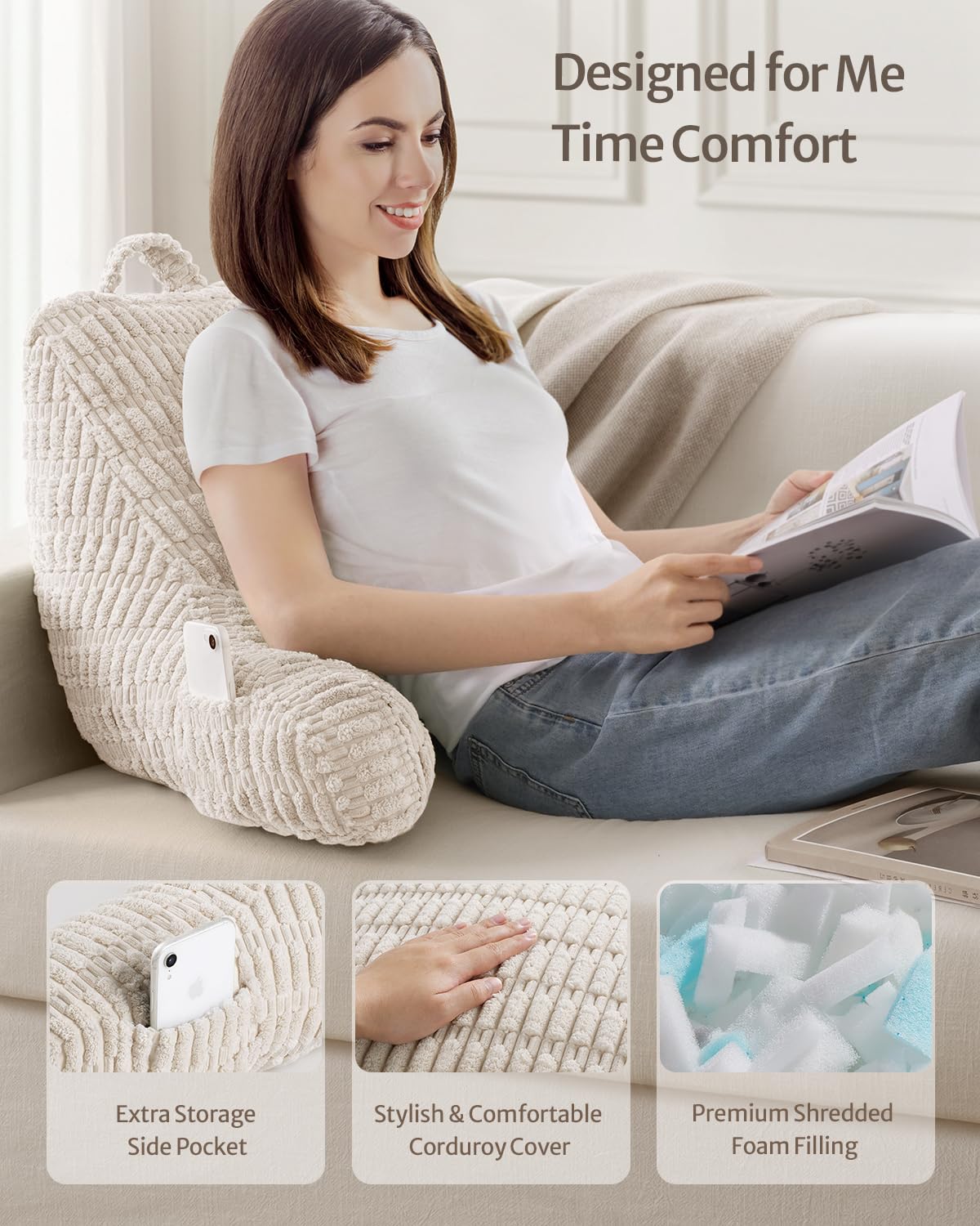 Blissful Diary Reading Pillow side-pocket provides handy storage for remotes and phones
