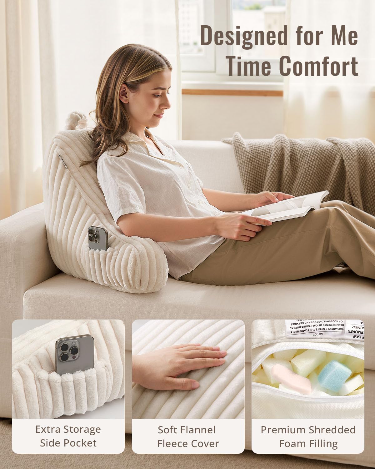 Blissful Diary Reading Pillow side-pocket highlighting easy-access storage.