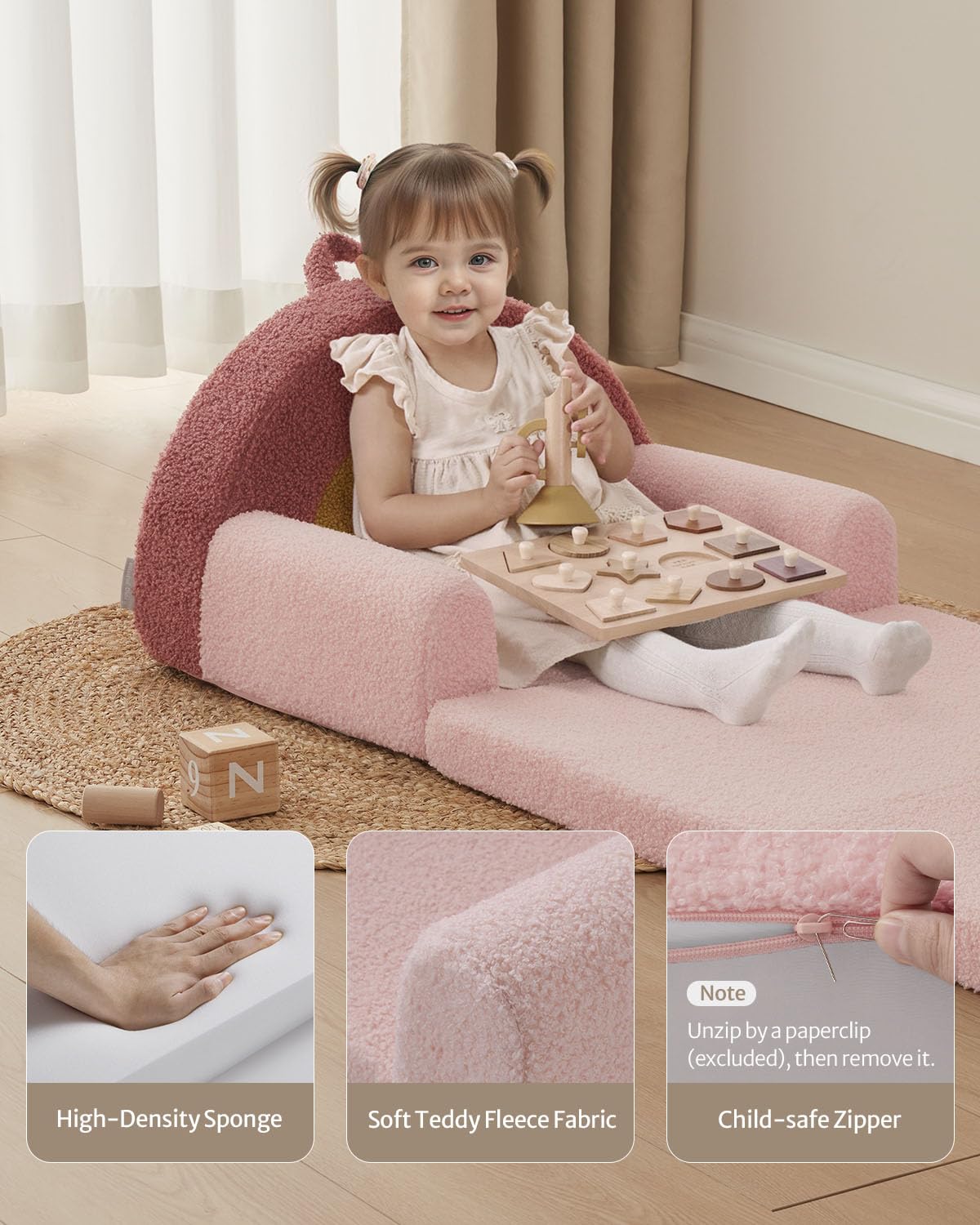 Blissful Diary washable removable cover keeps the sofa clean after snacks and adventures.