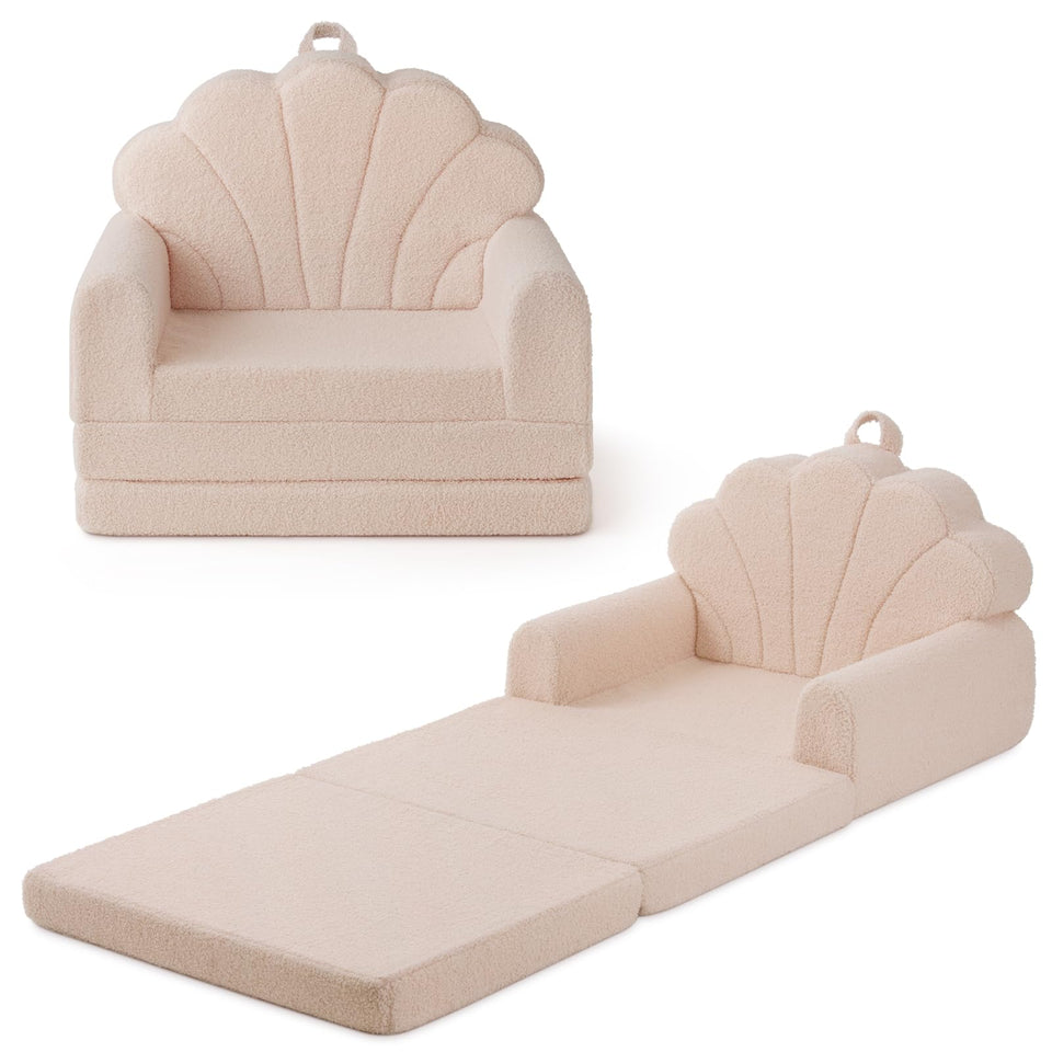 Blissful Diary seashell-design kids couch in beige, cozy reading spot for toddlers
