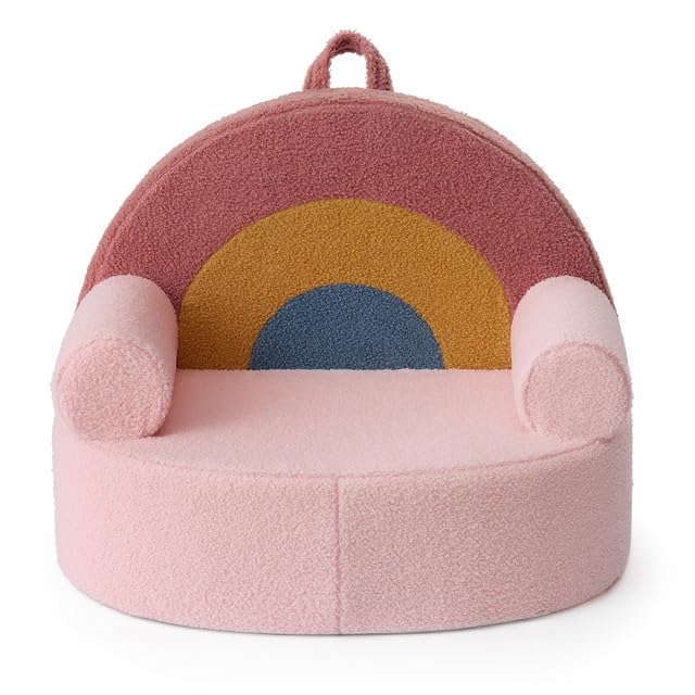 Blissful Diary toddler chair front view in blush pink rainbow, perfect for reading moments.