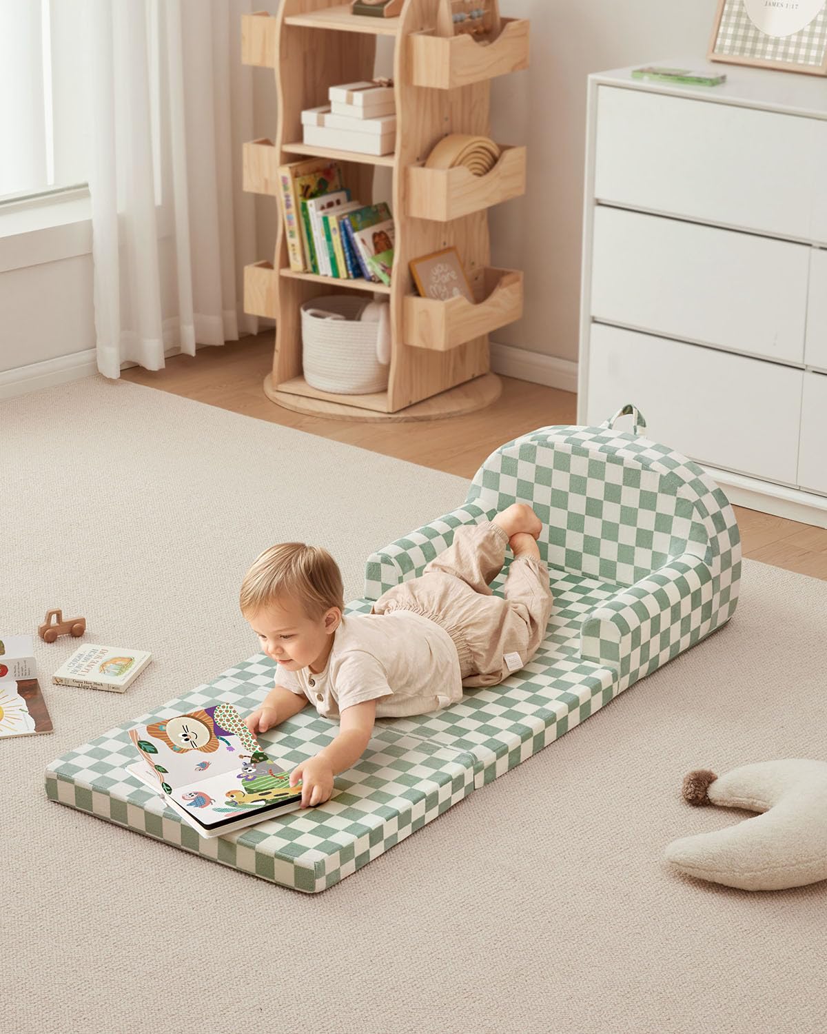 Blissful Diary sage checkered cover is machine washable for easy care after playtime.