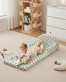 Blissful Diary sage checkered cover is machine washable for easy care after playtime.