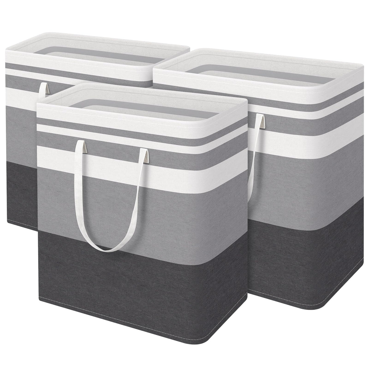 BlissTotes 3-Pack laundry basket front view highlights large capacity for clothes storage.