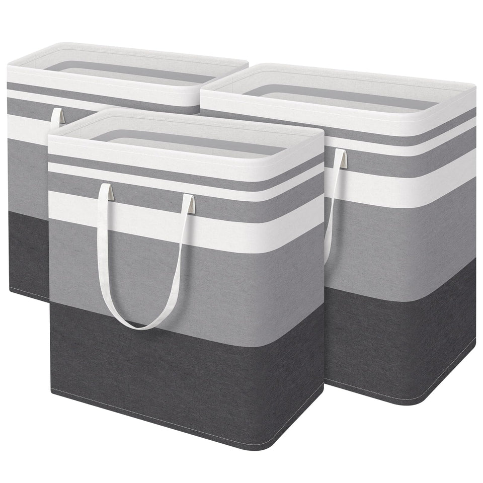 BlissTotes 3-Pack laundry basket front view highlights large capacity for clothes storage.