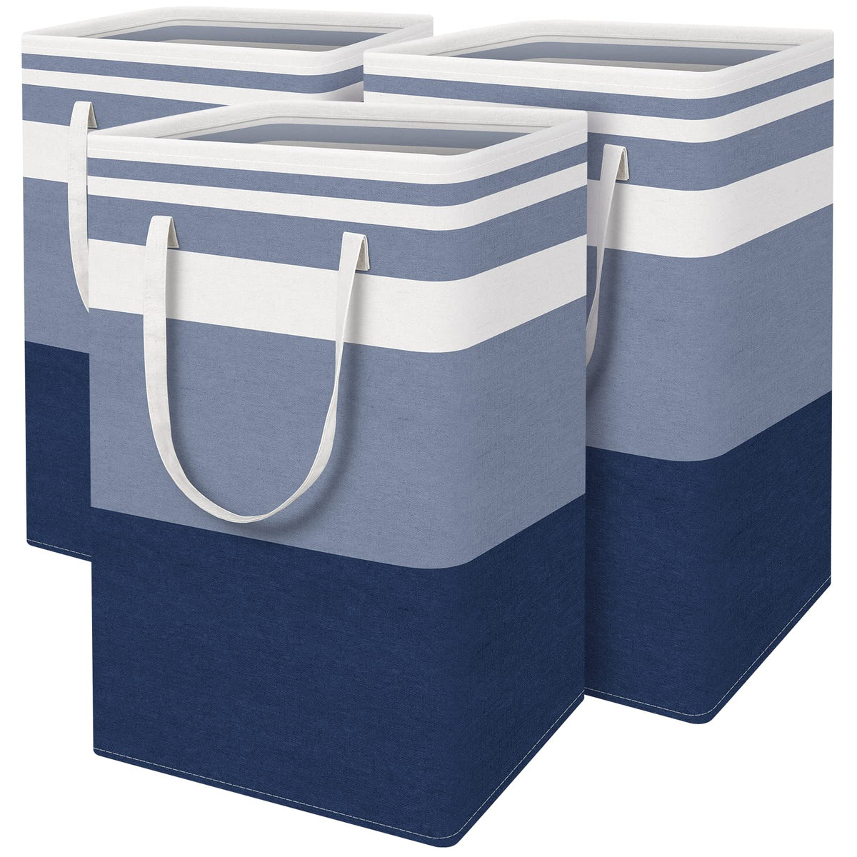 BlissTotes 3-pack laundry basket set with large capacity for clothes and towels.