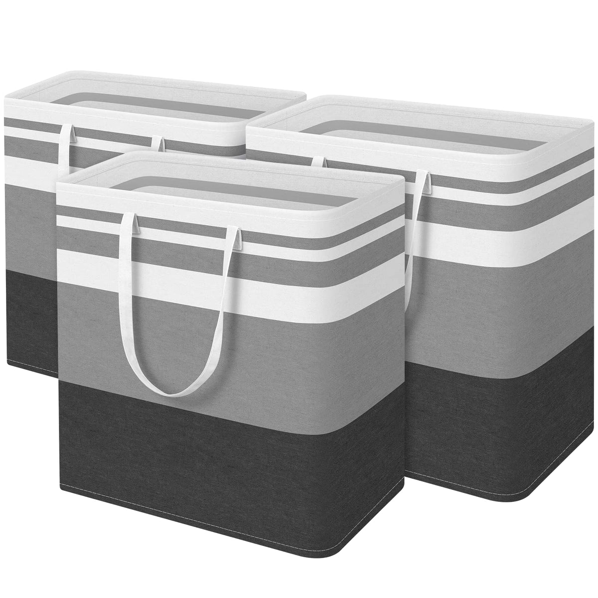 BlissTotes 3-pack laundry baskets arranged for family laundry storage.