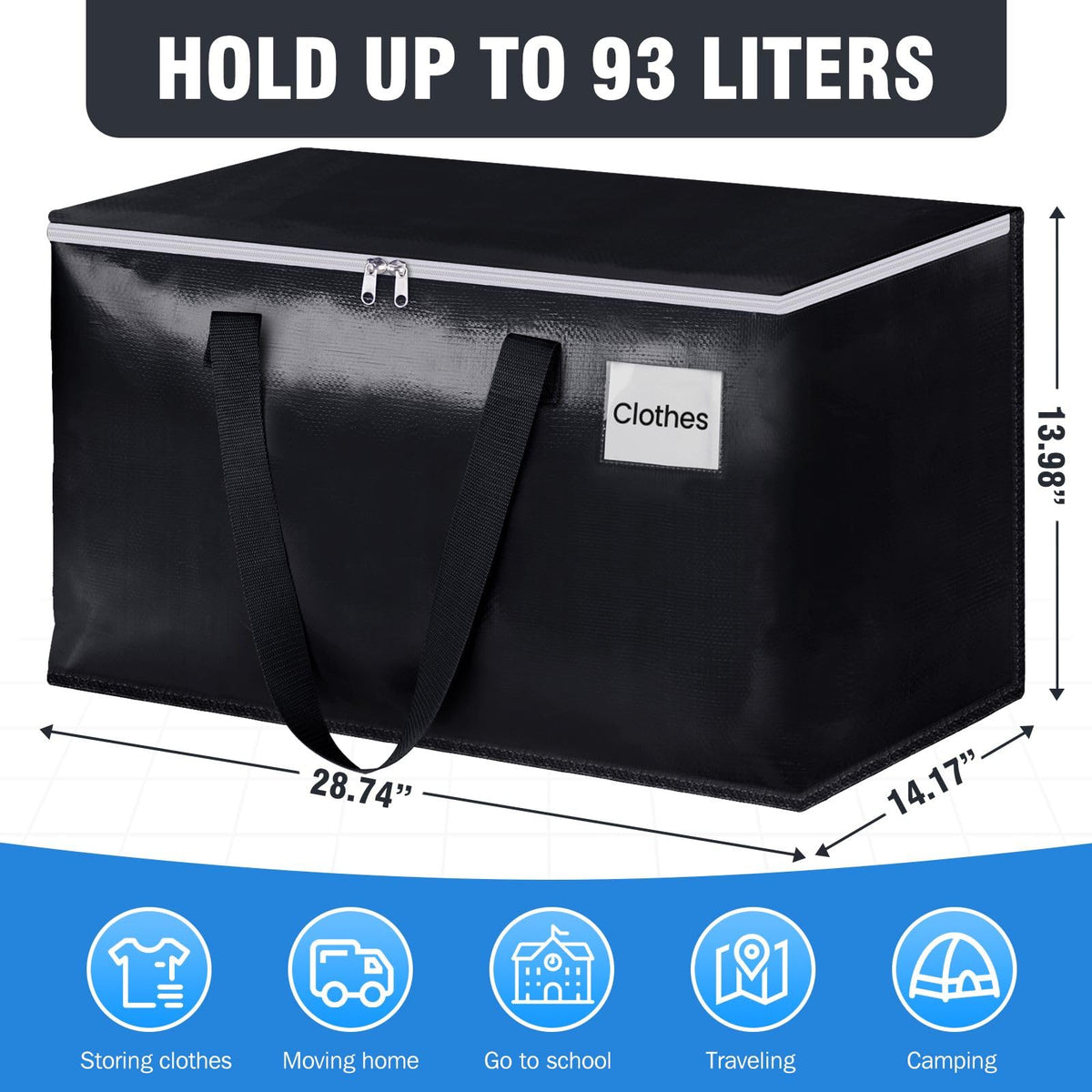 BlissTotes heavy-duty tote with top zipper open showing easy access to clothes and bedding