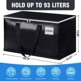 BlissTotes heavy-duty tote with top zipper open showing easy access to clothes and bedding