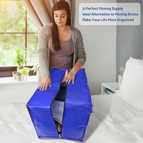 BlissTotes six-pack set shown with clothing and bedding for moving