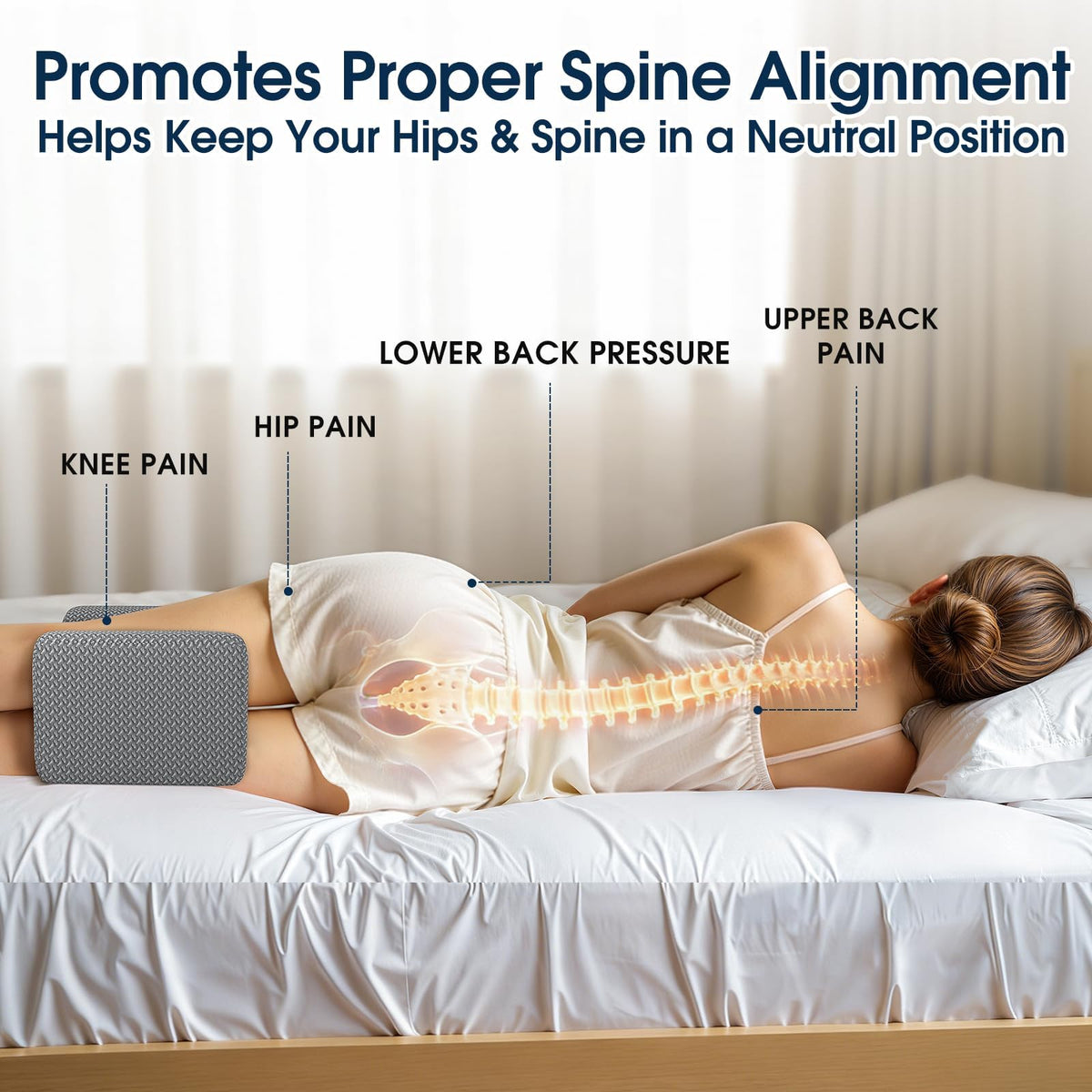 BlissTrends knee pillow placed in bed illustrating leg elevation for comfort.