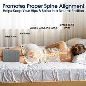 BlissTrends knee pillow placed in bed illustrating leg elevation for comfort.