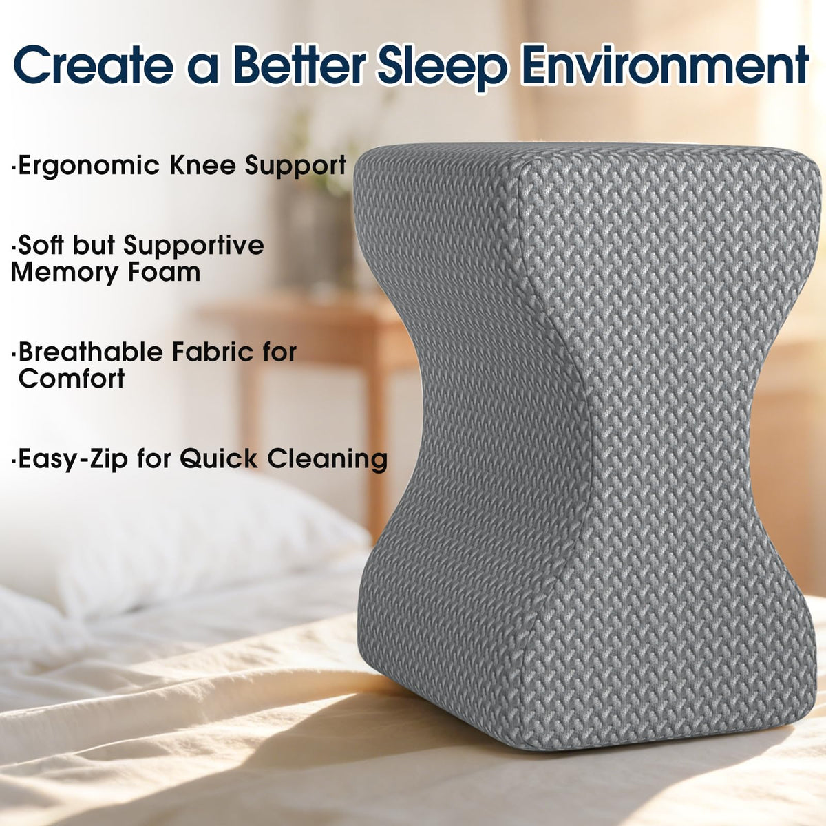 BlissTrends knee pillow demonstrates support promoting lower body circulation during sleep.