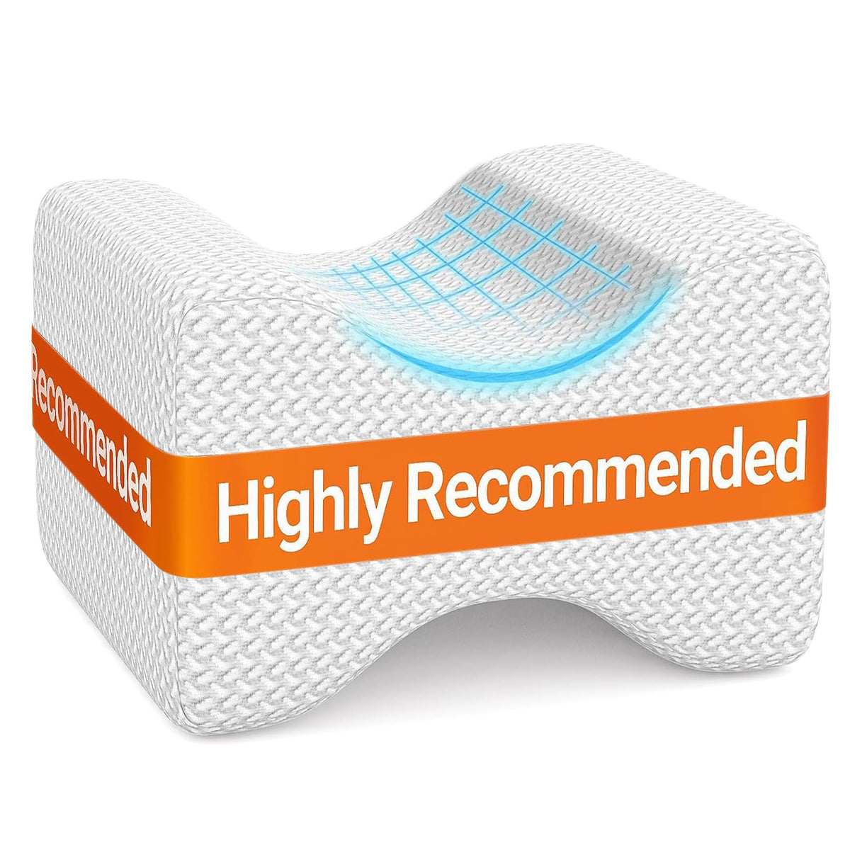 BlissTrends memory foam knee pillow front view with white cover, ideal for side sleepers