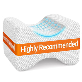 BlissTrends memory foam knee pillow front view with white cover, ideal for side sleepers