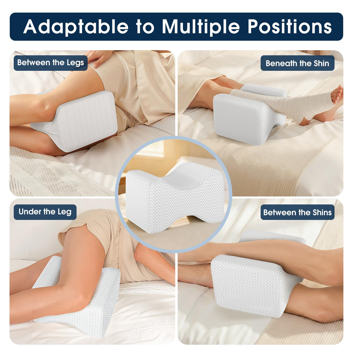 BlissTrends pillow supporting legs during sleep, reducing knee pressure