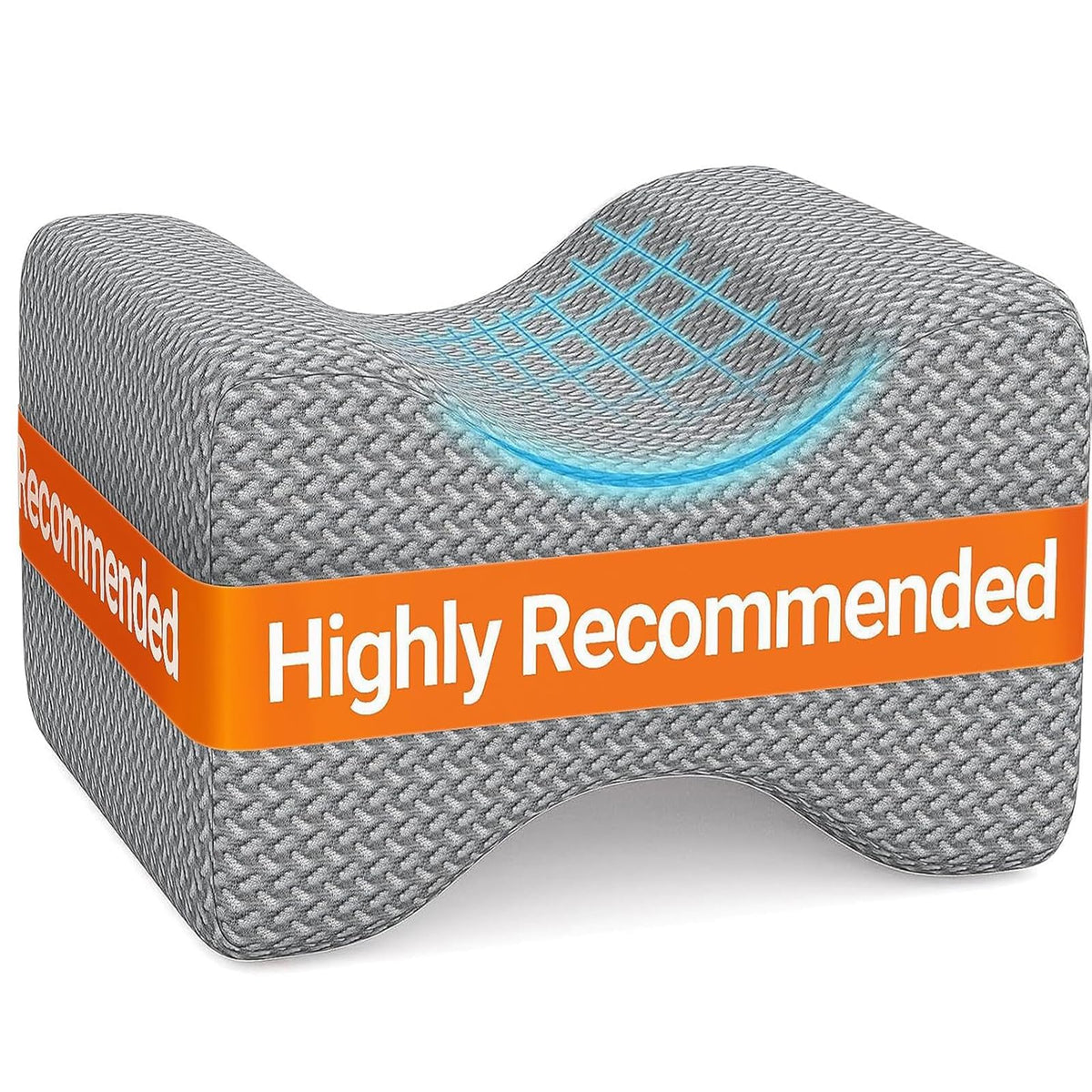 BlissTrends memory foam knee pillow on bed offering side-sleeper support for spine alignment.