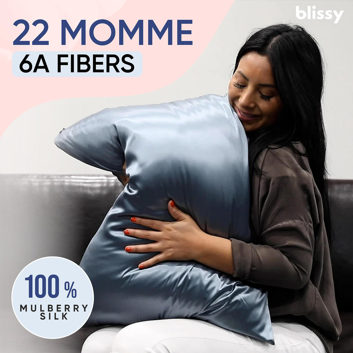 BLISSY silk pillowcase ash blue king closeup highlights 22-momme fabric and smooth, durable feel.