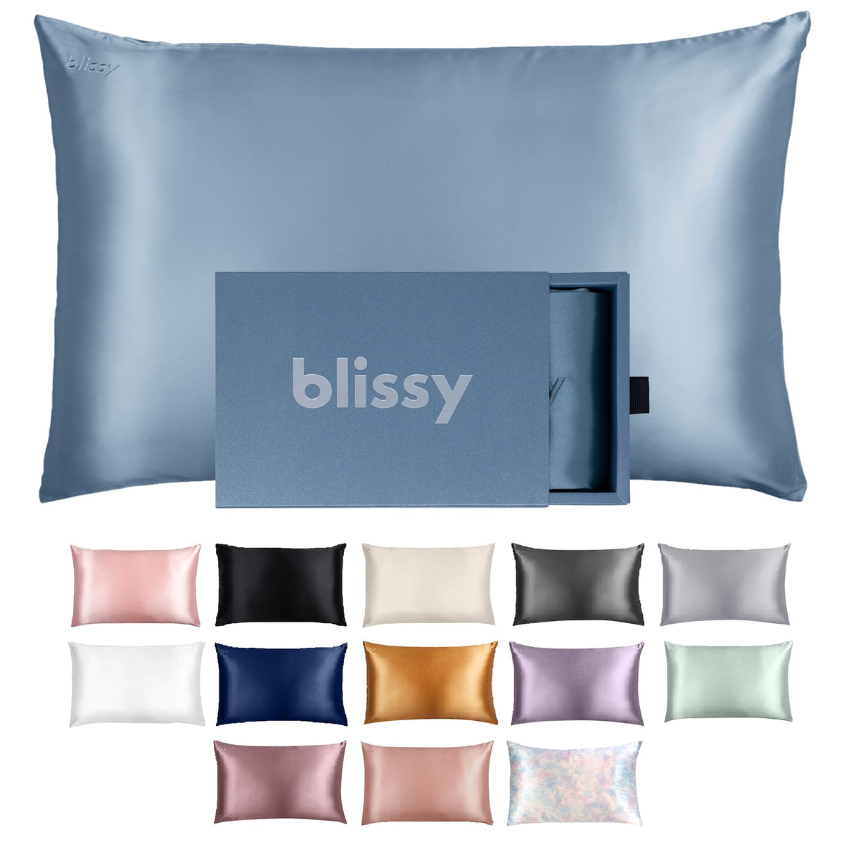 BLISSY silk pillowcase ash blue king helps reduce hair friction for smoother mornings.