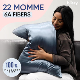 BLISSY silk pillowcase fabric detail emphasizes lustrous mulberry silk for healthy-looking hair.