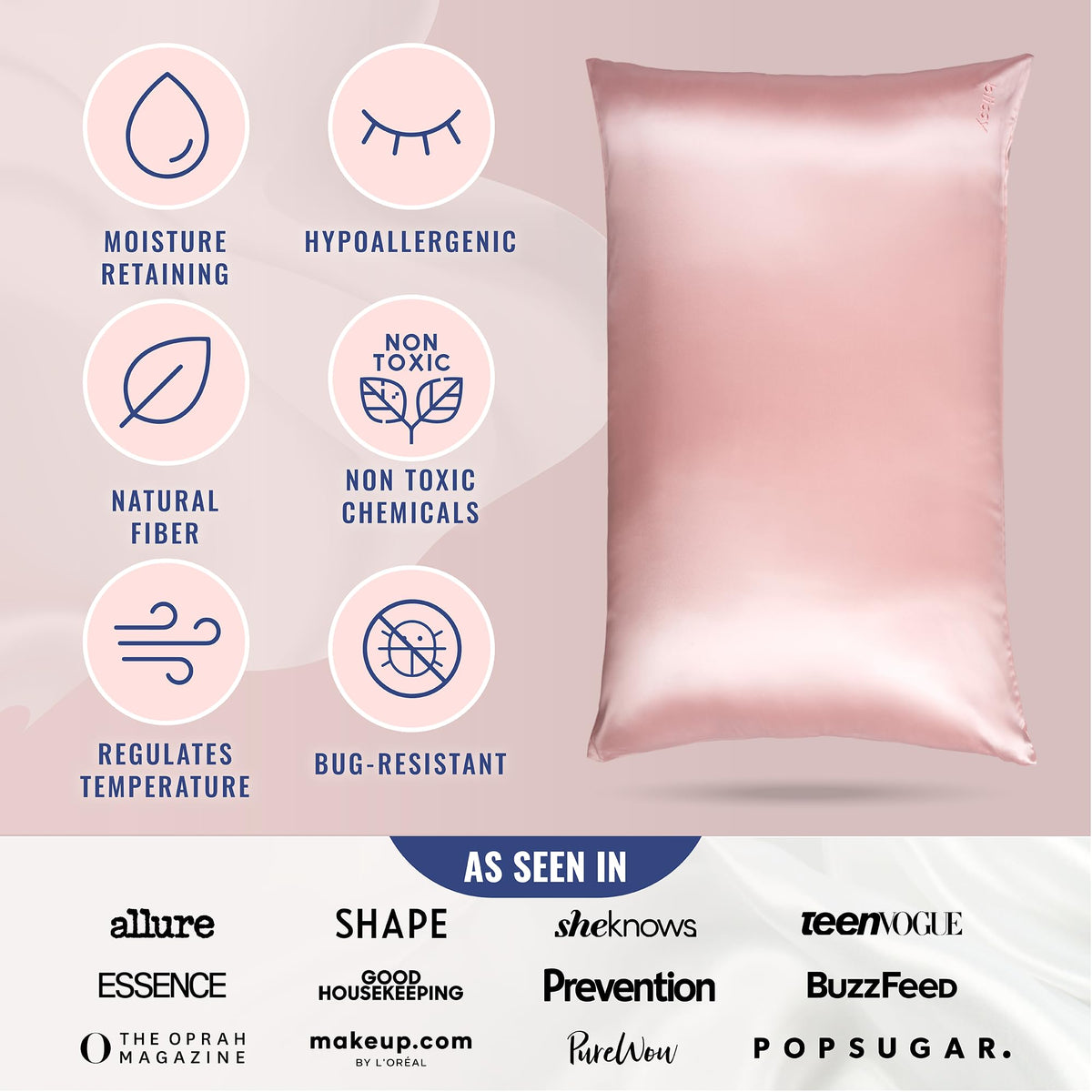 Blissy silk pillowcase demonstrating temperature-regulating fibers for cooler sleep
