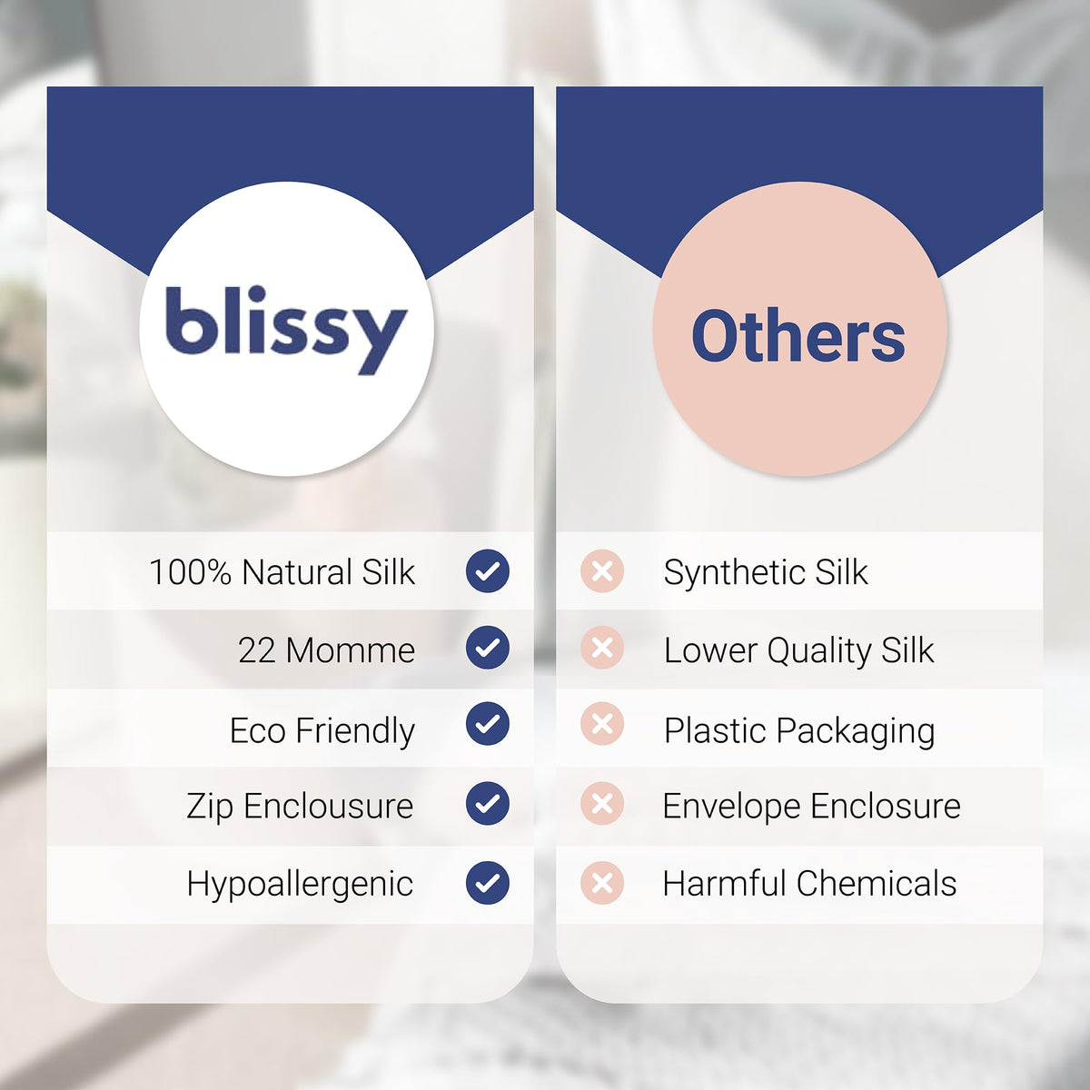 Blissy silk pillowcase clean edges and stitching enhance durability.