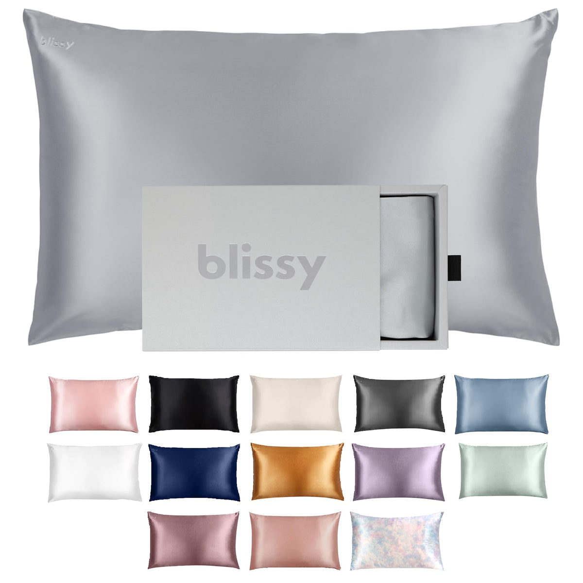 BLISSY silk pillowcase king silver 22 momme detail for smoother, less tangled hair.
