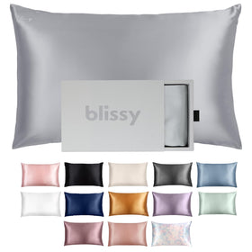 BLISSY silk pillowcase king silver 22 momme detail for smoother, less tangled hair.