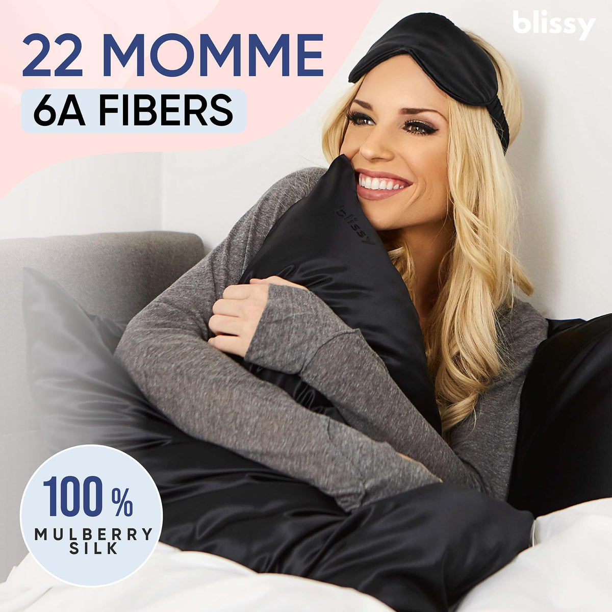 Blissy silk pillowcase on bed scene offers luxurious, cool sleep surface