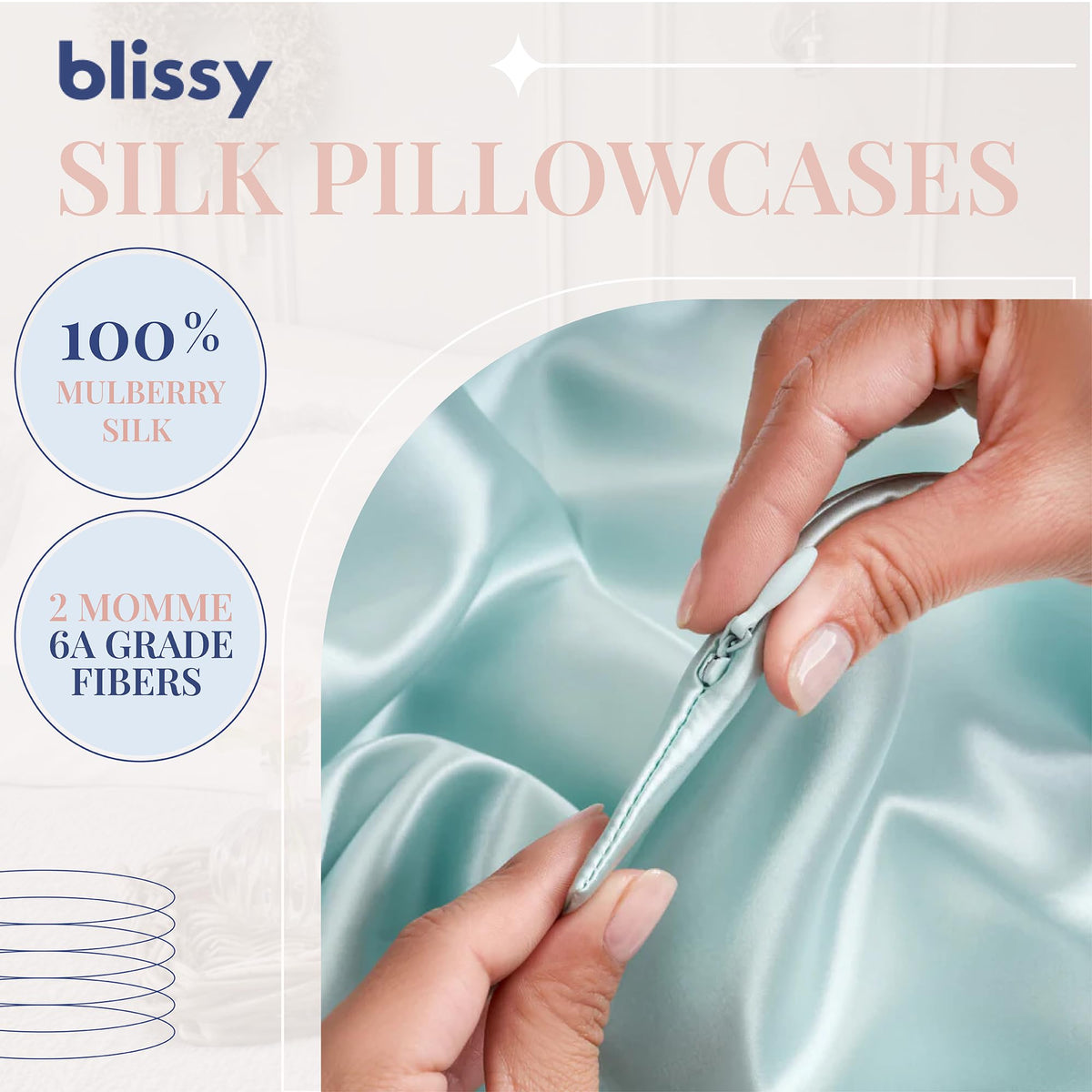 Blissy silk pillowcase premium texture supports restful sleep.