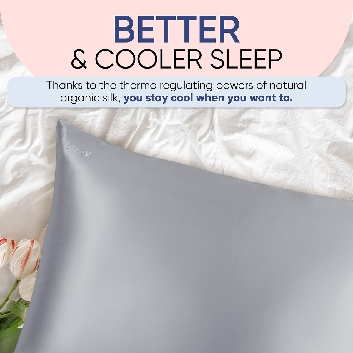 BLISSY silk pillowcase queen size Silver option showcases elegance.