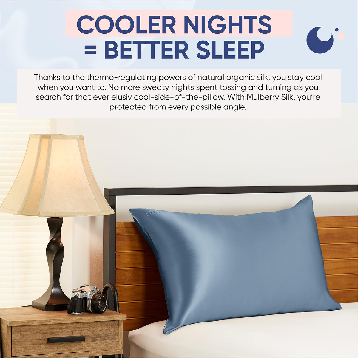 Blissy silk pillowcase size-compat display shows Regular Queen King fit.